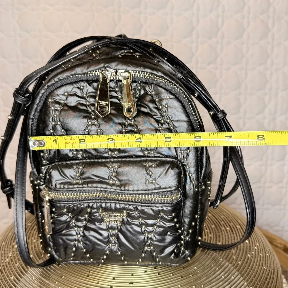 Victoria's Secret Mini Backpack Black Quilted Nylon Gold Studded Small Bag - Picture 12 of 12